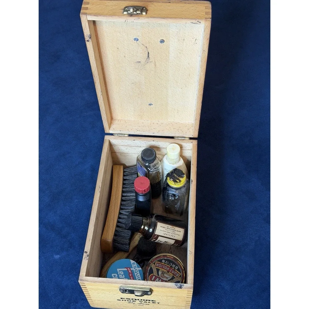 Vtg 1950s Esquire Shoe Valet De Luxe Wooden Shoe Shine Box Kit W Accessories